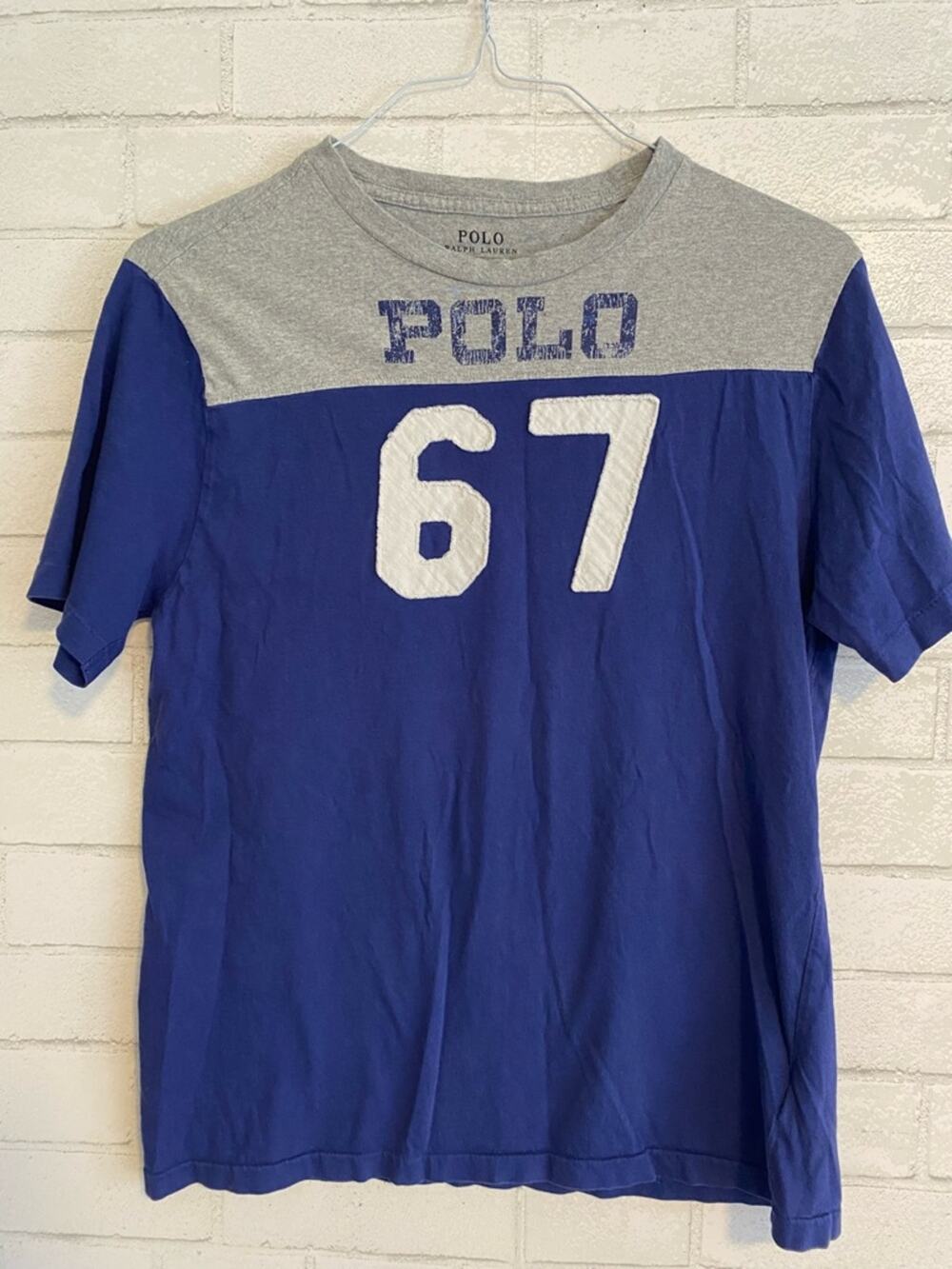 Polo Ralph Lauren $69 Appliqué 67 Navy Gray Football Tee Boys XL 18-20 EUC